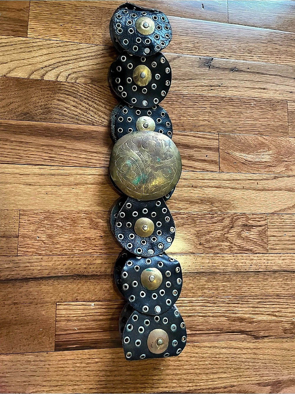 Vintage 70s 80s Moroccan Leather Grommet Disc Belt Black Western Medallion Belt - Picture 3 of 11